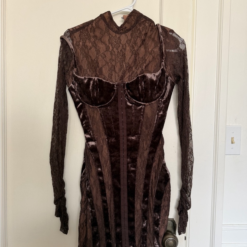 House of CB Chocolate Brown Lace & Velvet Corset Dress